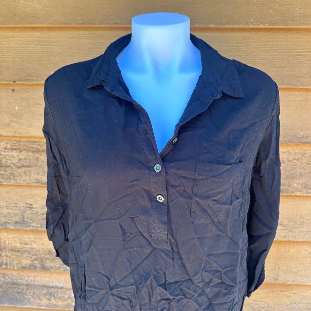 Faded Glory Long Black Sleeve Button Up Knee Length T-Shirt Dress SIze M - Picture 3 of 8